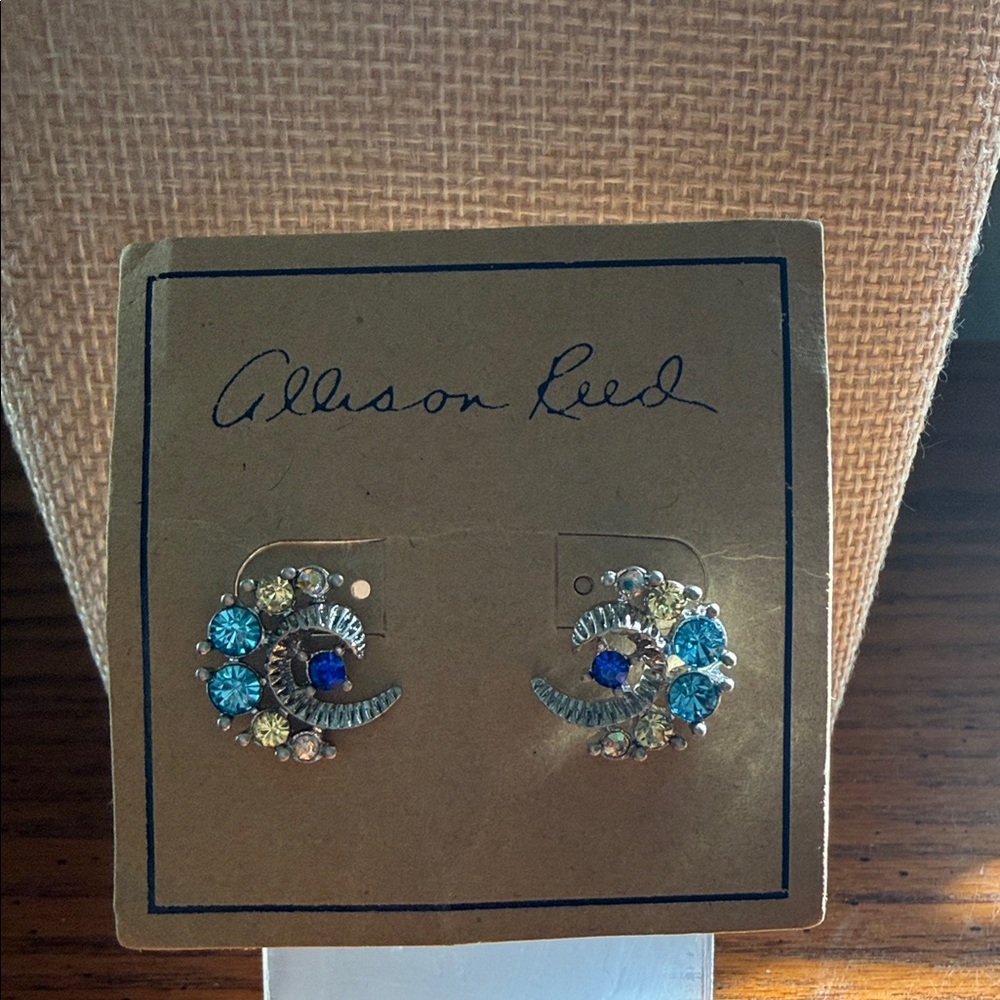 Blue Crystal Crescent Stud Earrings